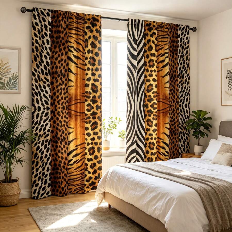 2pcs Leopard Tiger Zebra Print Patchwork Semi-Sheer Bedroom Curtains, No-Drill Rod Pocket Design, Rod Hanging, Luxury Style Living Room Curtains, Kitchen Curtains, Suitable For Home Decor, Room Decor, House Decor Partition, Polyester Material, Machine Washable And Hand Washable - 2pcs - View 1