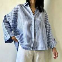 Women's Striped Drop Shoulder Button-Up Shirt, Wrist Length Sleeves, Woven Fabric, Regular Length Fashion Top, Perfect For Casual Outings Vacation - Blue - View 2