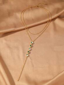 1pc European & American Vintage Double Layer Gold Chain Emerald Zirconia Halo Tassel Y-Shaped Necklace For Women, Date, Evening Party, Luxury Accessory (Positioning Bead/Random Quantity) - Necklace - View 4