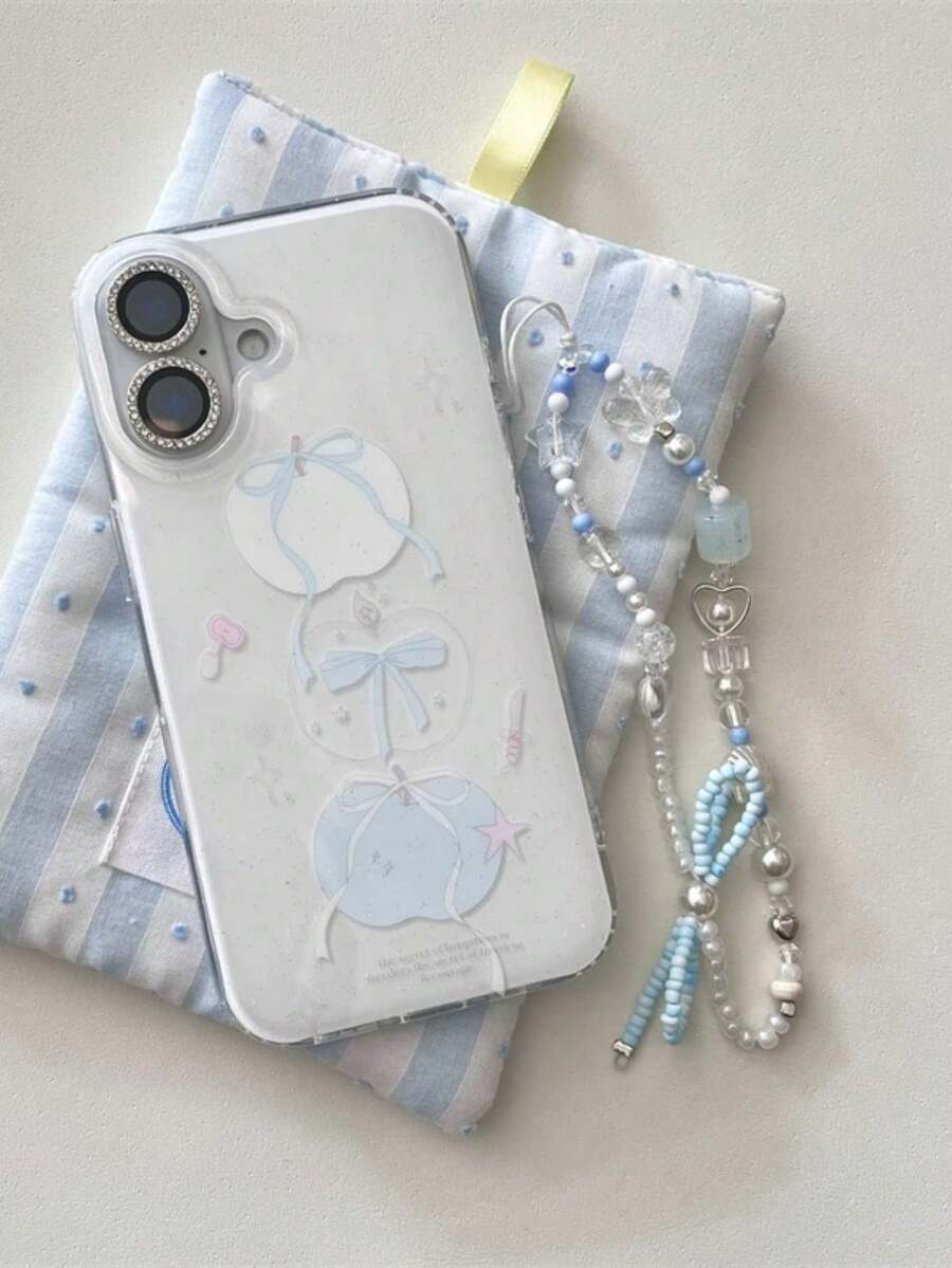 Niche 高端白色蕾絲銀色蝴蝶結愛心設計全包覆防護手機殼,適用於 iPhone 17 Pro Max、16、15、13,防摔創意保護殼 - 藍白色 - 查看 1