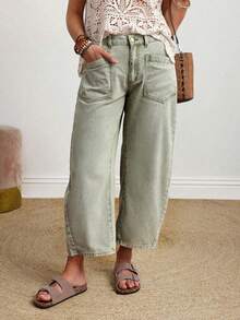 Women's Solid Color Pocket Design Fashionable Summer Versatile Jeans Brown Jeans Loose Jeans Wide Leg Jeans Brown Wide Leg Pants - Azul - Ver 2