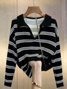 Camiseta holgada de murciélago a rayas de estilo casual para mujer, otoño - Negro - Ver 1