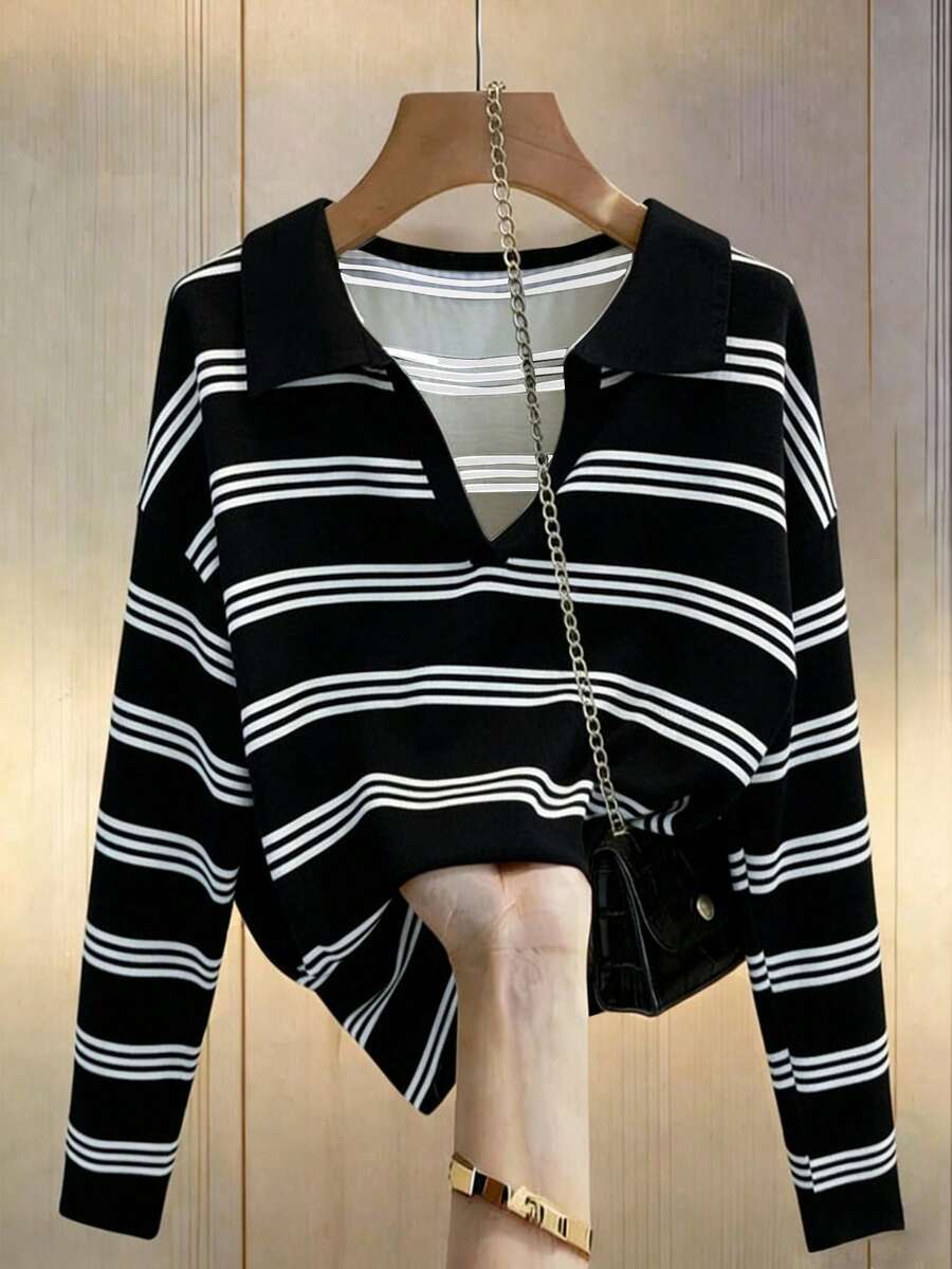 Camiseta holgada de murciélago a rayas de estilo casual para mujer, otoño - Negro - Ver 1