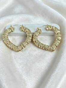 3 pares de pendientes con forma de corazón de textura de bambú exagerada y de moda - Amarillo Oro - Ver 8