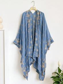 1件優雅格紋花卉圖案波西米亞風刺繡開襟披肩女款和服式圍裙，春夏外穿防曬海灘度假刺繡開襟衫，時尚百搭奢華裝飾，適合日常搭配，禮品首選 - 藍色 - 查看 7