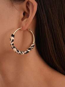 1 Pair Leopard Print Fabric Wrapped Large Hoop Earrings, Vintage Hot Girl Style Gold Metal Round Earrings, Daily Commute Streetwear Earrings - Multicolor - View 3