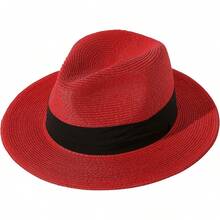 Sombrero de paja de ala ancha para mujer Lanzom, estilo Panamá, enrollable, para playa, con protección solar UPF50+ - Rojo - Ver 7