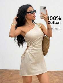 XUZHIZ  PETITE Vestido mini de un solo hombro para mujer, 100% algodón, cómodo y transpirable - Albaricoque - Ver 1