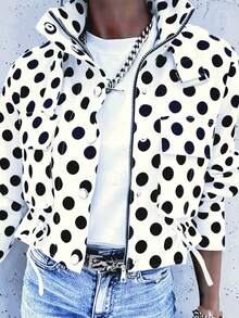 Women's Polka Dot Colorblock All-Over Print Woven Fabric Drawstring Pocket Metal Button Patchwork Collar Cinched Waist Jacket For Daily Spring And Autumn - White Polka Dots - View 6
