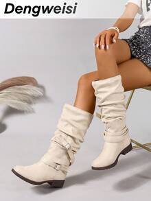 Beige Strap Buckle Slip-On Knight Boots, Chunky Heel, Round Toe, Versatile New Style, Commute, Casual, Daily, Vacation, Lazy Fashion Mid-Calf Boots - Beige - View 3