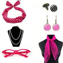 1950s Retro Women's Costume Accessory Set For 1950s Themed Party And Halloween Cosplay: Vintage Party Cosplay, Polka Dot Headband, Earrings, Stud Earrings, Beaded Necklace Accessory Set, Suitable For 1950s Themed Party And Halloween Cosplay, Elegant Costume Accessories, Valentine's Day Holiday Essential Decoration Props, Women's Cosplay Wedding Accessories, Accessories, Women's Headscarf Accessories, Removable Lens - Multicolor - View 4