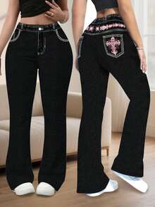 Plus Size Gothic Slim Fit Denim Effect Printed Long Pants, Pink Cross Embroidery Print, Medium Stretch Faux Pockets, Distressed Flare Leg - Multicolor - View 1