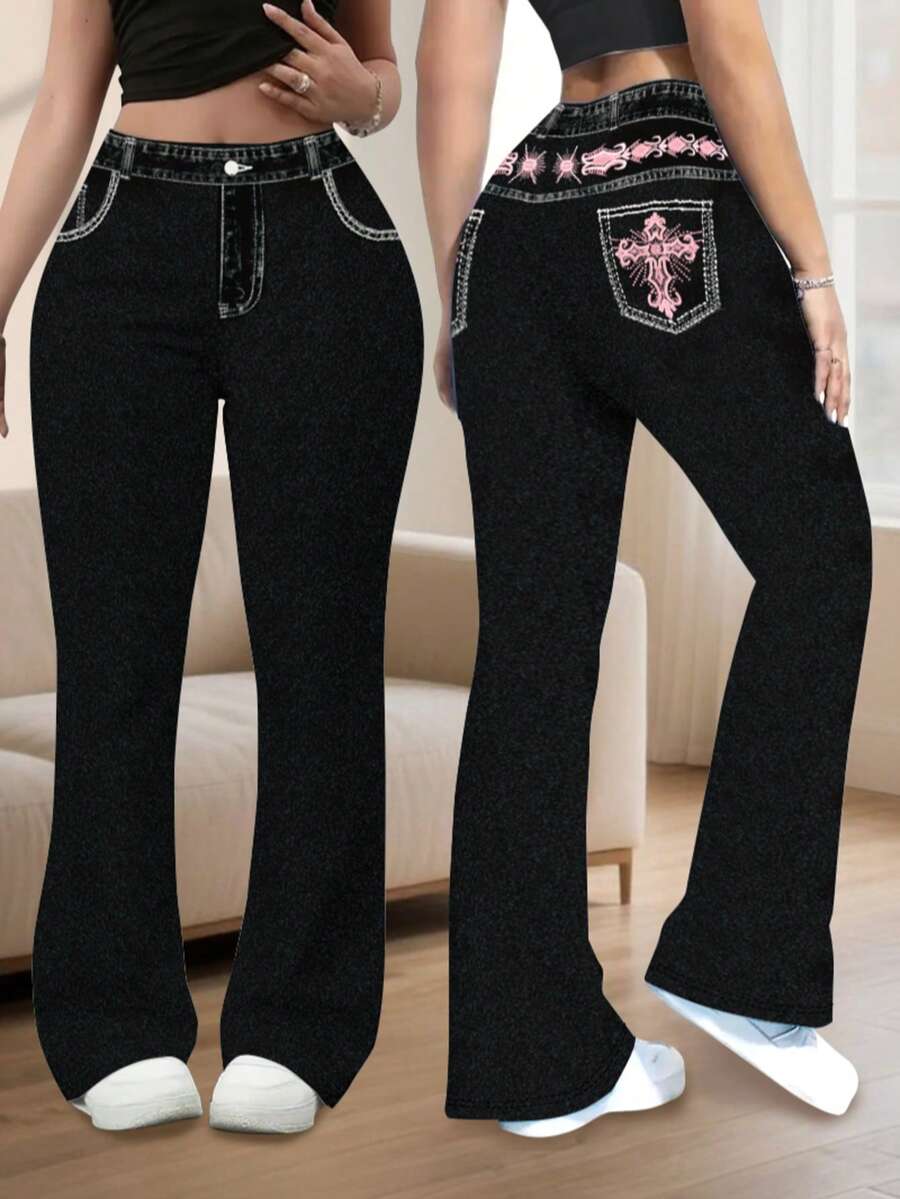 Plus Size Gothic Slim Fit Denim Effect Printed Long Pants, Pink Cross Embroidery Print, Medium Stretch Faux Pockets, Distressed Flare Leg - Multicolor - View 1