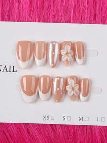 12pcs Y2K Style Short Round Handmade Press-On Nails, Minimalist White Polka Dot Design With 3D Carved Pattern, Suitable For Women And Girls Party And Daily Wear, Also As A Gift - Apricot - View 4