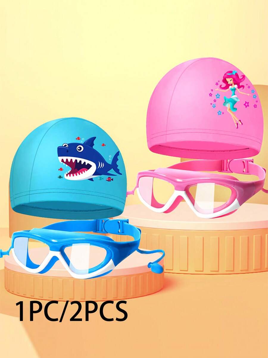 Swimming Goggles, Cartoon Swim Cap, Transparent Large Frame Swim Goggles, Adjustable Swimming Goggles, Cartoon Print Swim Cap, Suitable For Summer Swimming Pool, Beach, Surfing And Water Activities - Multicolor - View 1