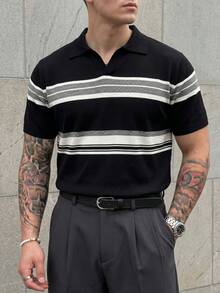 Men's Casual Striped Short Sleeve Knit Sweater, Summer - Black - View 1