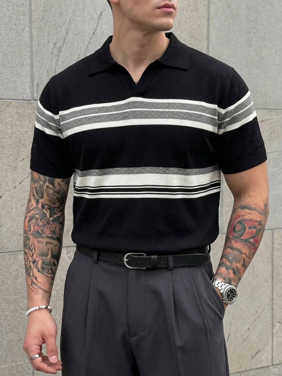 Men's Casual Striped Short Sleeve Knit Sweater, Summer - Black - View 1