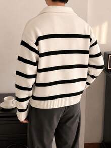 1pc Boys' Teenagers Simple Versatile Street Outdoor Daily Campus Style Sporty Colorblock Pullover Zip-Up Turn Collar Long Sleeve Sweater - White - View 2