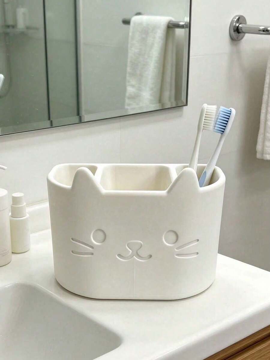 1 pieza Soporte para cepillo de dientes y pasta de dientes con diseño de gato de 3 ranuras con función de drenaje, estante multifuncional para almacenamiento de cepillo de dientes y pasta de dientes, accesorio de baño, decoración del hogar