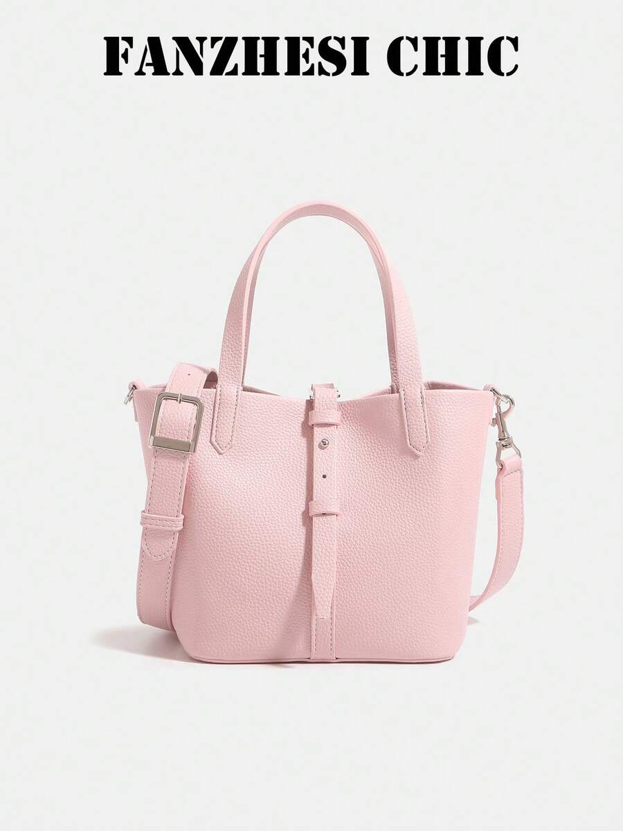 Fashion Solid Color Litchi Texture PU Mini Handbag, Dual Short Handles And Adjustable Detachable Crossbody Strap, Front Buckle Detail, Small Bucket Bag, Suitable For Young Girls And Sweet Style Lovers, Perfect For Coffee Dates, Weekend Shopping, City Walks And Daily Outings. - Pink - View 1