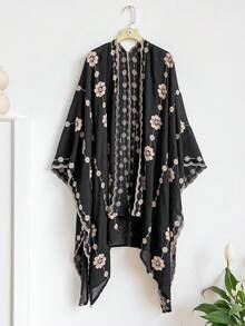 1件極簡優雅花卉圖案波希米亞風刺繡開襟披肩女款和服/圍裙，春夏外套，海灘度假防曬，刺繡開襟衫，時尚百搭輕奢裝飾，適合日常搭配，禮物首選 - 黑色 - 查看 7