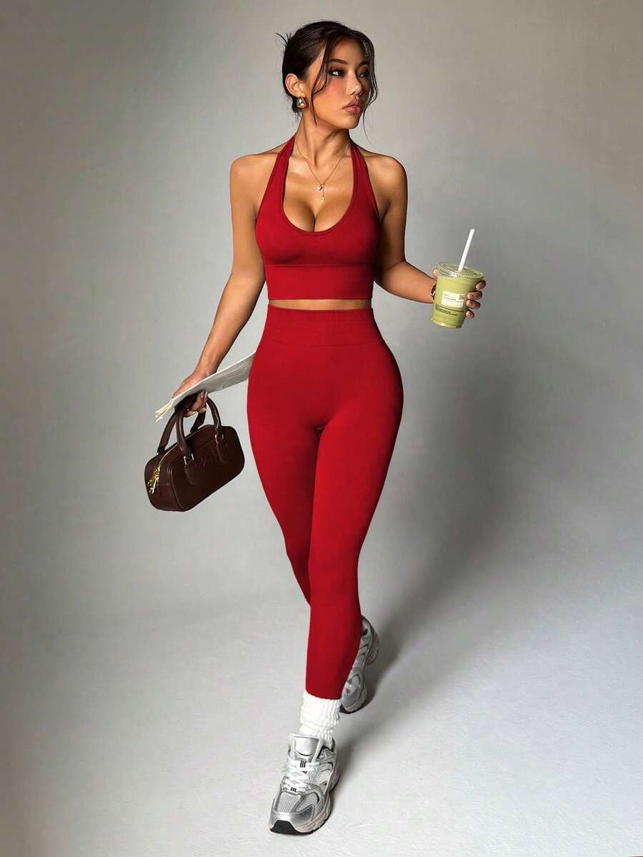 Dewbera Women's Minimalist Solid Color Halter Top And Pants Sports Set For Everyday Wear - Red - View 1