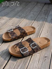WRCVS Flat Sandals With Buckle Decor, Random Pattern Slippers, Cork Sole, Non-Slip Beach Shoes, Bohemian Style Vacation Shoes - Coffee Brown - View 6