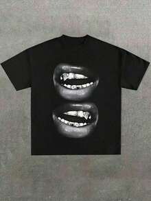 Fun Graphic T-Shirt With Grill And Lips, Casual And Soft Style, 220gsm Polyester With Print, Summer 2025 Fashion, Loose And Cool Fit For Men And Women - 黑色 - 查看 1