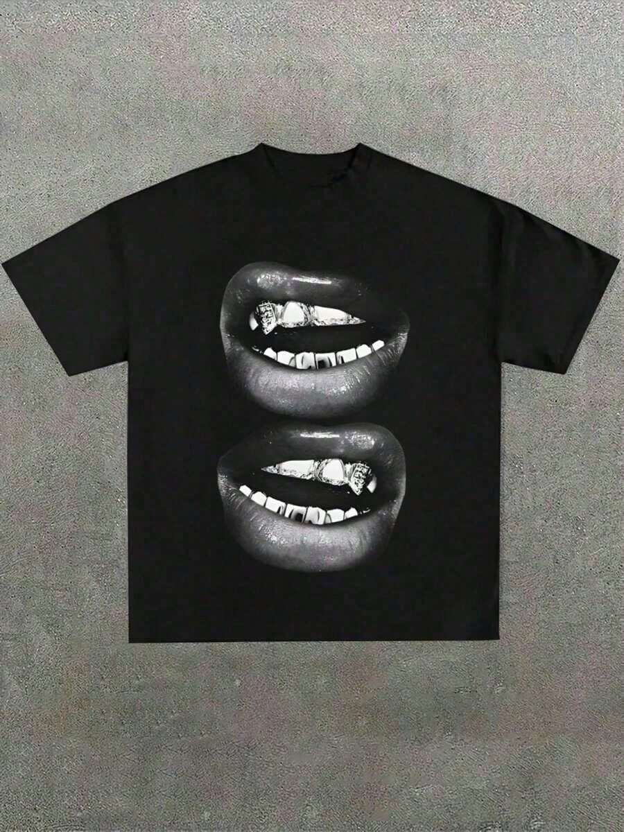 Fun Graphic T-Shirt With Grill And Lips, Casual And Soft Style, 220gsm Polyester With Print, Summer 2025 Fashion, Loose And Cool Fit For Men And Women - 黑色 - 查看 1