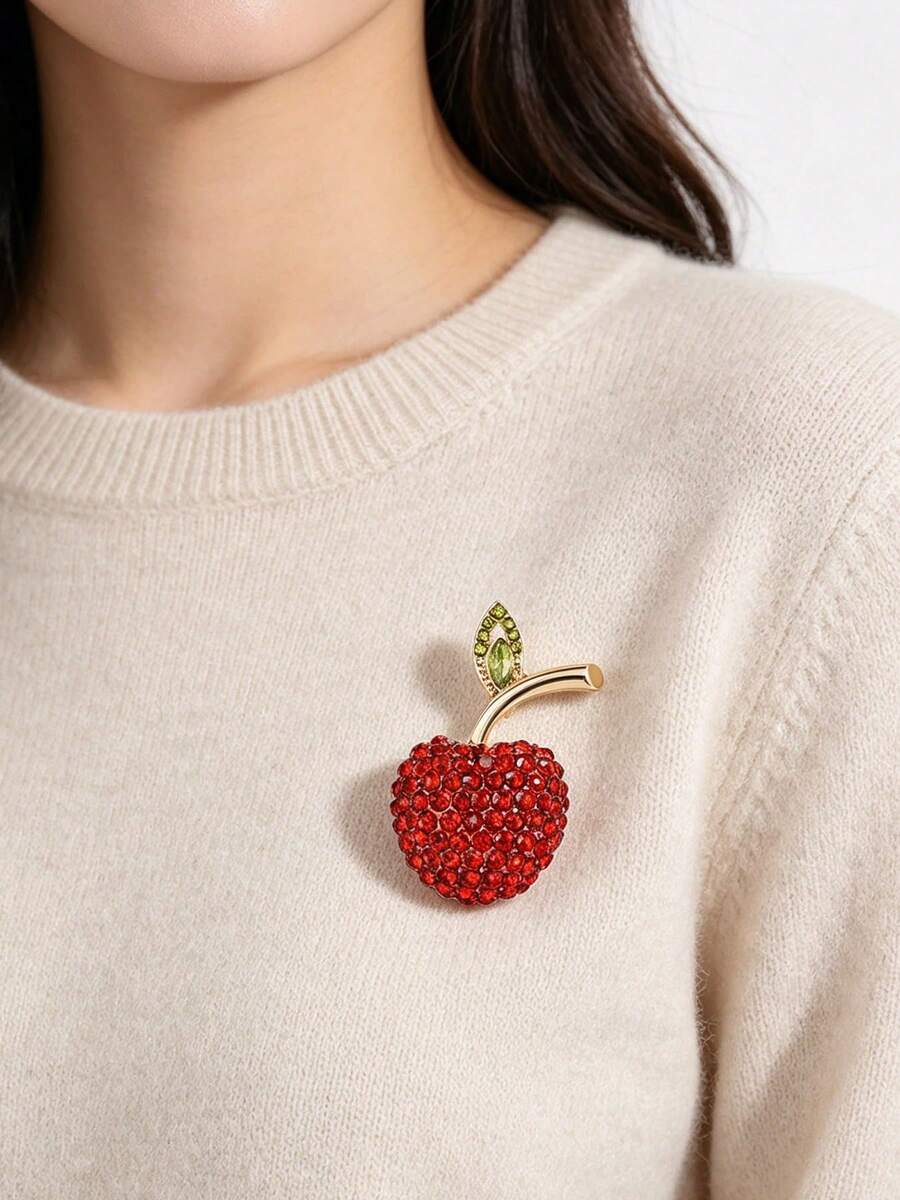 1pc Small Apple Brooch, Fashionable Creative Versatile Suit Coat Lapel Pin - Red - View 1
