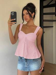 Top casual de tirantes para mujer con detalle de cordón y bordado calado, color rosa, para verano - Rosa Fucsia 2 - Ver 13