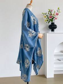1件優雅花卉圖案波希米亞風刺繡開襟披肩女款和服式圍裙，春夏外穿沙龍，海灘度假防曬抗UV刺繡開襟衫，時尚百搭奢華裝飾，適合日常搭配，禮物首選 - 藍色 - 查看 3