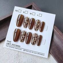 10pcs Glossy Short Oval Press-On Nails, Brown Cat Eye Leopard Print, Reusable, Women's Nail Art Supplies - Brown - View 5