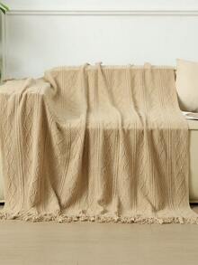 1pc Wavy Pattern Bed Throw, Nordic Style Acrylic Rectangular Tassel Solid Color Sofa Cover Blanket, Bed Decorative Blanket, Nap Blanket, Knitted Blanket - Vertical Diamond Khaki - View 4