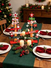1 món trang trí cây thông Noel để bàn bằng gỗ sáng tạo, in chữ "We Wish You Merry Christmas", họa tiết vẽ ông già Noel & người tuyết/hộp quà, đồ trang trí lễ hội tự đứng trưng bày trên bàn tại nhà - Xem 1