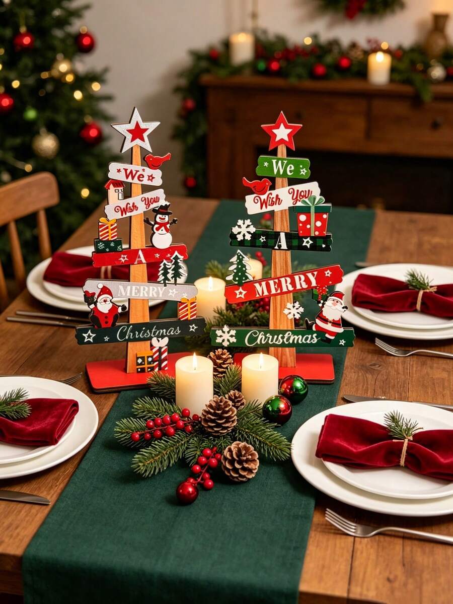 1 món trang trí cây thông Noel để bàn bằng gỗ sáng tạo, in chữ "We Wish You Merry Christmas", họa tiết vẽ ông già Noel & người tuyết/hộp quà, đồ trang trí lễ hội tự đứng trưng bày trên bàn tại nhà - Xem 1