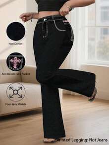Plus Size Gothic Slim Fit Denim Effect Printed Long Pants, Pink Cross Embroidery Print, Medium Stretch Faux Pockets, Distressed Flare Leg - Multicolor - View 4