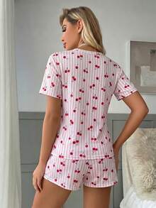 Women's Cherry Striped Short Sleeve Shorts 2 Pieces Pajama Set - Pink - View 2