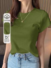 Camiseta básica de mujer de cuello redondo de unicolor de manga corta, blanca, para primavera/verano, de estilo casual de oficina - Verde - Ver 1