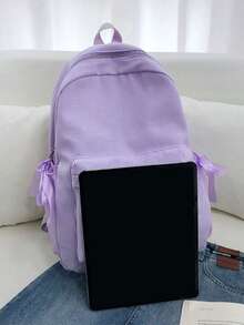 3-Piece Nylon Solid Color Backpack Set, Foldable Multi-Pocket Large Capacity Zipper Backpack, Suitable For Teenagers And High School Students - Purple - View 3