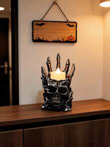 1 pieza Portavelas de mano de esqueleto gótico, decoración de Halloween con vela de té encendida, cadena espeluznante y dedos de hueso, centro de mesa de terror para fiesta en casa o casa embrujada - A - Ver 2