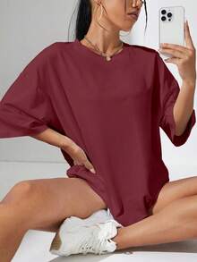 Sundraya Camiseta de hombros caídos de cuello redondo - Burdeos - Ver 1