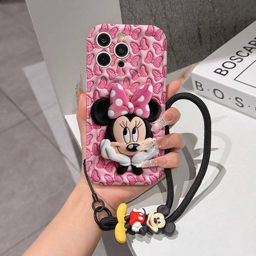 Disney Mickey Mouse Clubhouse Phone Case : 3D Fluffy Pattern Border Protector Phone Soft Phone Case With A Free Cute Mickey Mouse Bracelet Chain Lanyard, Mickey Mouse, Minnie Mouse, Donald Duck, Daisy Duck, Goofy, Pluto, For Apple 17 Promax 17 Pro 16 15 14 13 12 11 Pro Max XS Max X XR Soft Cover Summer Phone Case - 白色 - 查看 1