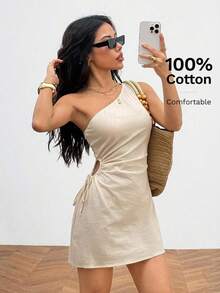 XUZHIZ  PETITE Vestido mini de un solo hombro para mujer, 100% algodón, cómodo y transpirable - Albaricoque - Ver 2