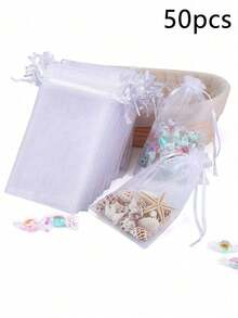 50 buah Kantong Kado Organza Transparan dengan Tali Serut, Kantong Organza Transparan untuk Liburan, Ulang Tahun, Pernikahan, dan Souvenir Pesta. - Putih - View 10