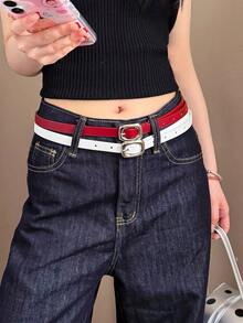 女款純色休閒可愛優雅PU皮革時尚個性百搭腰帶，四季適用 - 紅白色 - 查看 1