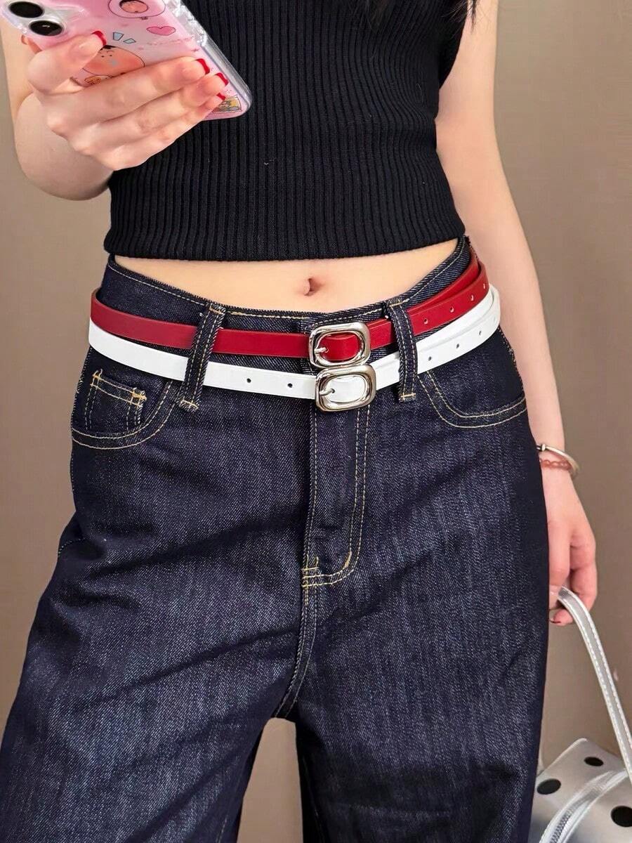 女款純色休閒可愛優雅PU皮革時尚個性百搭腰帶,四季適用 - 紅白色 - 查看 1