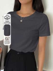 Short-Sleeved T-Shirt With Round Neck And Solid Color - Dark Grey - View 1