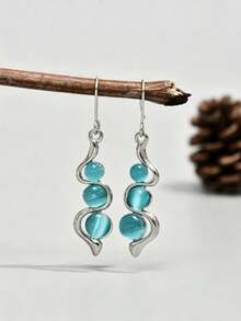 1 Pair Creative Curved Wave-Shaped Inlaid Aquamarine Cat Eye Gemstone Swinging Earrings - Blue - View 5