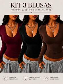 Women's V-Neck Shaping Blouse - Slim Fit, Second Skin Style, Versatile, Elegant, Casual, And - 咖啡-黑咖啡-葡萄酒 - 查看 1